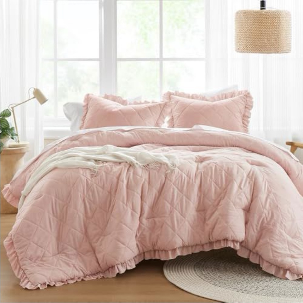 Plush Ruffled Quilted Comforter Set - Blush Pink